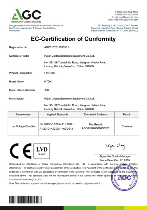 HYDX A6 LVD CE-certificación de conformidad